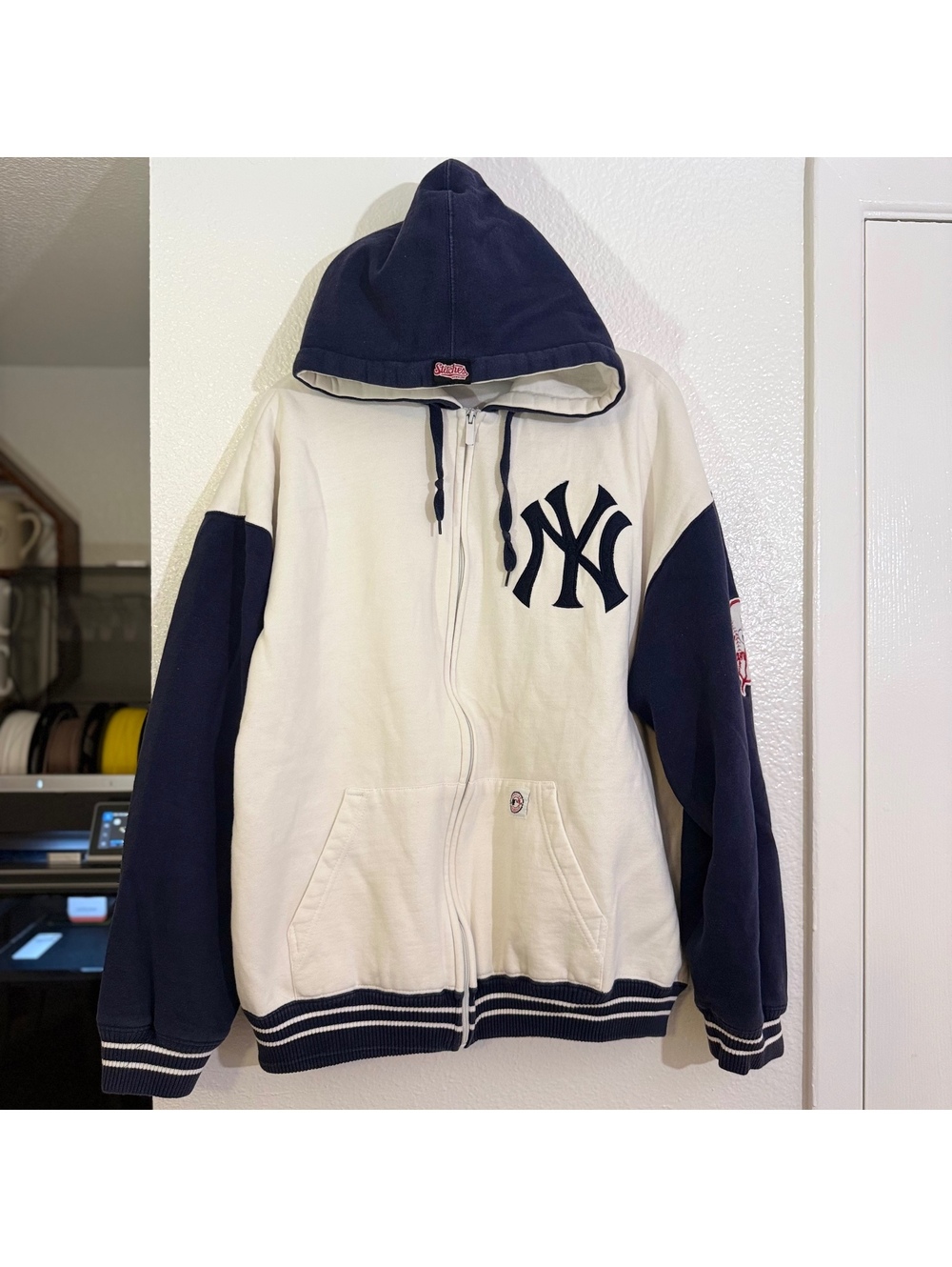 Y2K Vintage Stitches Yankees Full Zip Hoodie XL MLB Navy Cream Streetwear